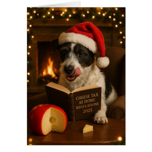 Fluffy Jack Russell  'Cheese Tax' Christmas card (Front)