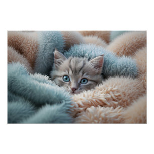 Fluffy Kitten in a Soft Blanket Poster