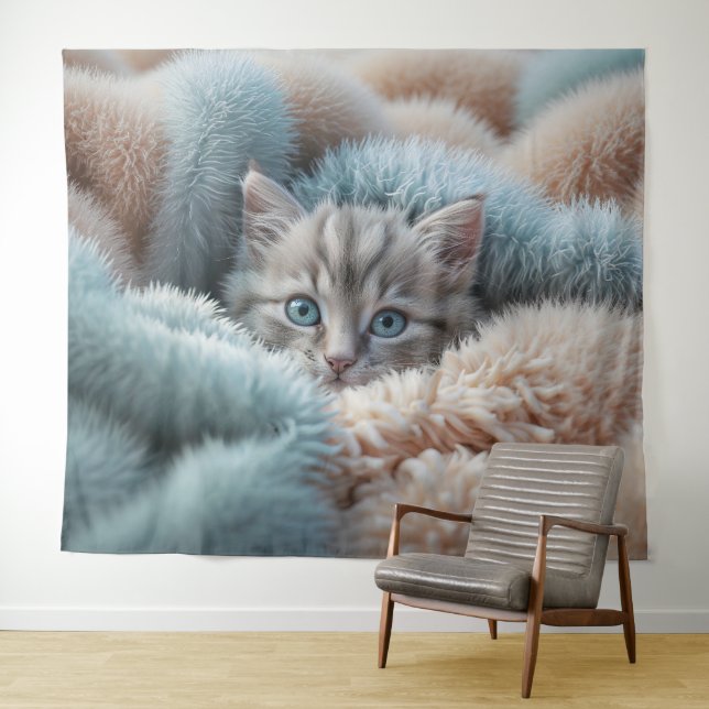 Fluffy Kitten in a Soft Blanket Tapestry (In Situ (Horizontal))