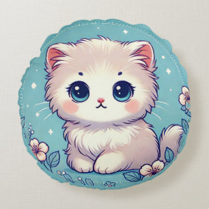 Fluffy Kitten Sitting Amidst Delicate Flowers Round Cushion