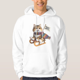 Fluffy Kitten Snow Day on Sled, Cute Cat in Scarf Hoodie