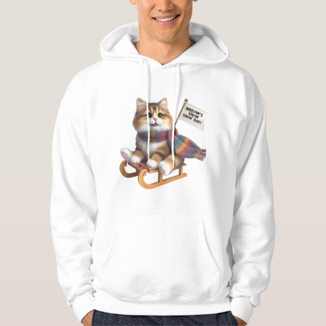 ​Fluffy Kitten Snow Day on Sled, Cute Cat in Scarf Hoodie (Front)