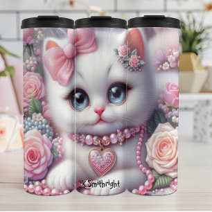Fluffy Kitten Surrounded by Roses Thermal Tumbler