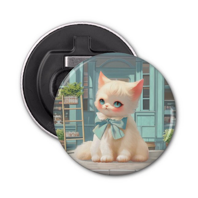 Fluffy Kitten with Blue Bow at Pastry Shop Bottle Opener (Front)