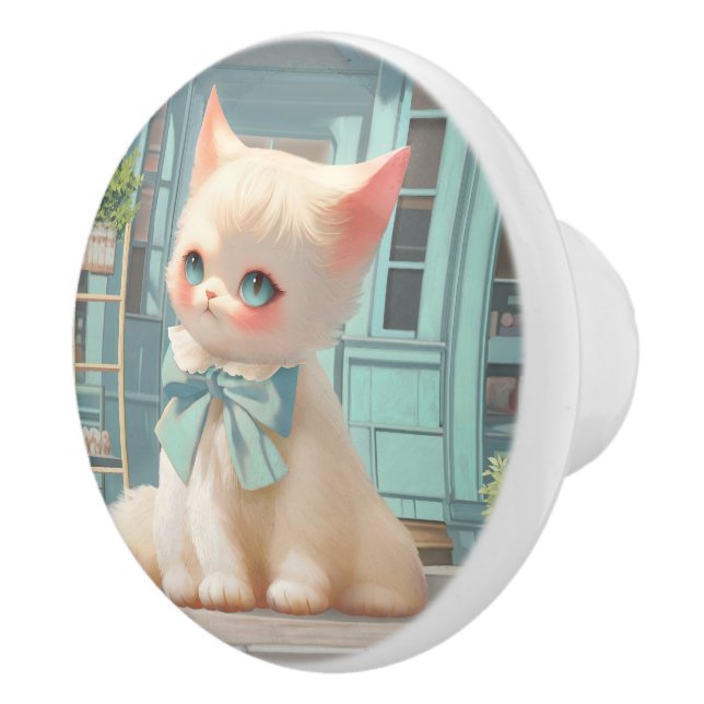 Fluffy Kitten with Blue Bow at Pastry Shop Ceramic Knob (Right)