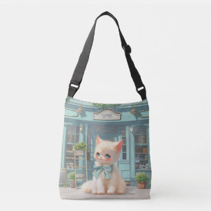 Fluffy Kitten with Blue Bow at Pastry Shop Crossbody Bag