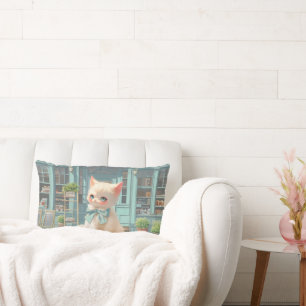 Fluffy Kitten with Blue Bow at Pastry Shop Lumbar Cushion