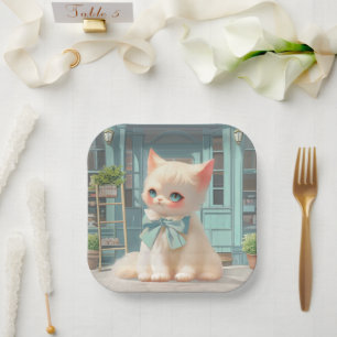 Fluffy Kitten with Blue Bow at Pastry Shop Paper Plate