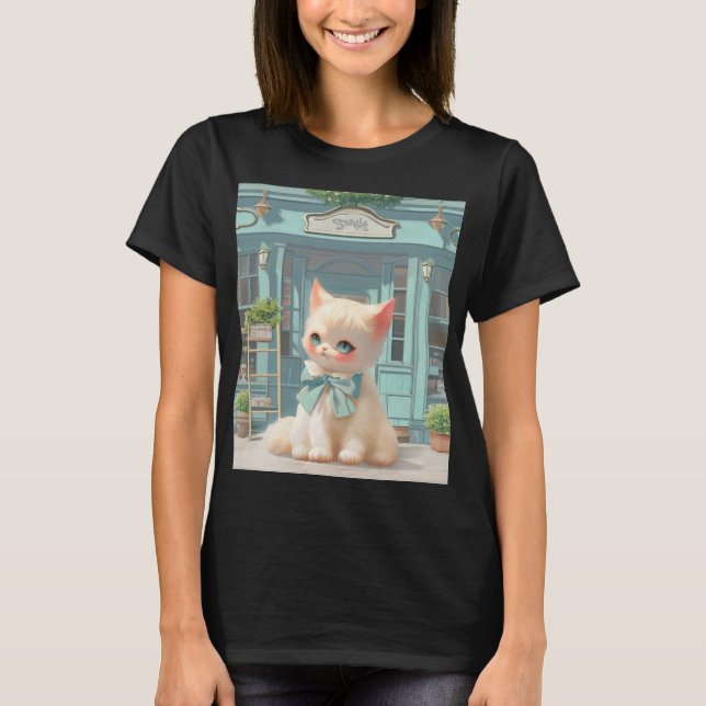 Fluffy Kitten with Blue Bow at Pastry Shop T-Shirt (Front)