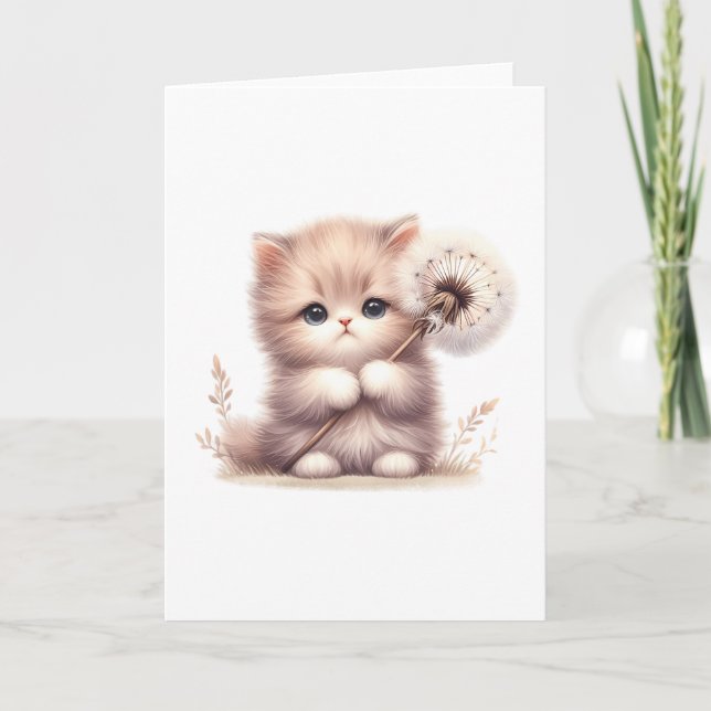 Fluffy Kitten with Dandelion – Cute Blank Greeting Card (Front)