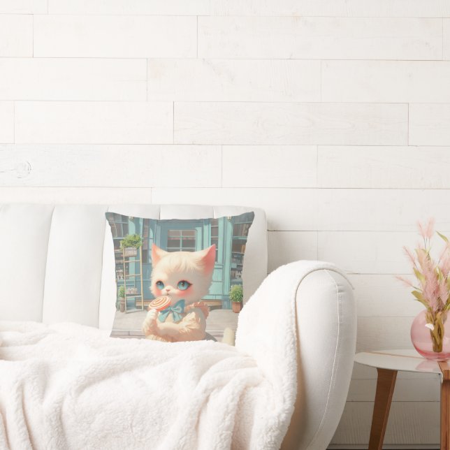Fluffy Kitten with Lollipop at Pastry Shop Cushion (Couch)