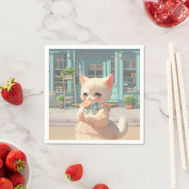 Fluffy Kitten with Lollipop at Pastry Shop Napkin (Insitu)