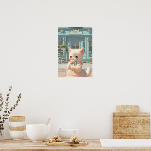 Fluffy Kitten with Lollipop at Pastry Shop Poster (Kitchen)