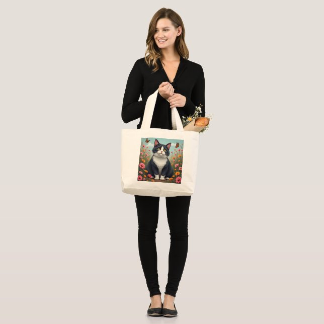 Fluffy Kitty in the Garden Large Tote Bag (Front (Model))