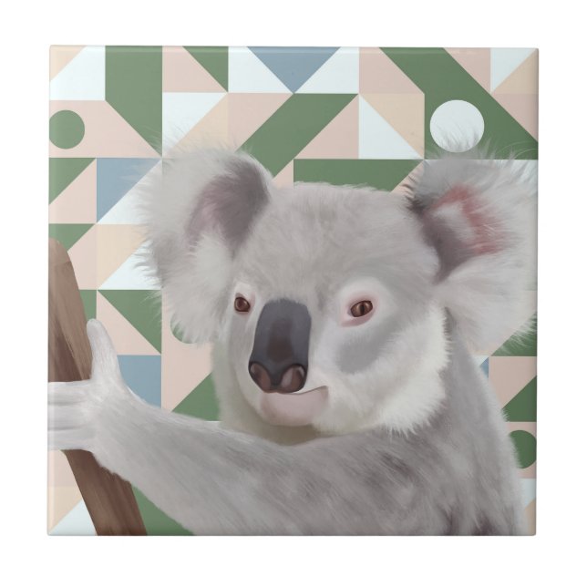 Fluffy Koala Green Geometric Background Ceramic Tile (Front)