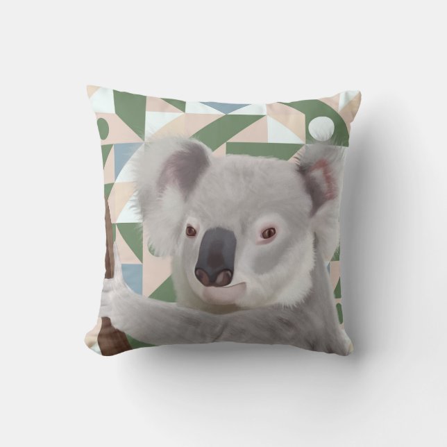 Fluffy Koala Green Geometric Background Cushion (Front)