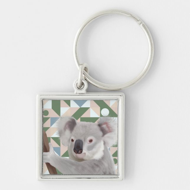 Fluffy Koala Green Geometric Background Key Ring (Front)