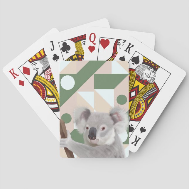 Fluffy Koala Green Geometric Background Playing Cards (Back)