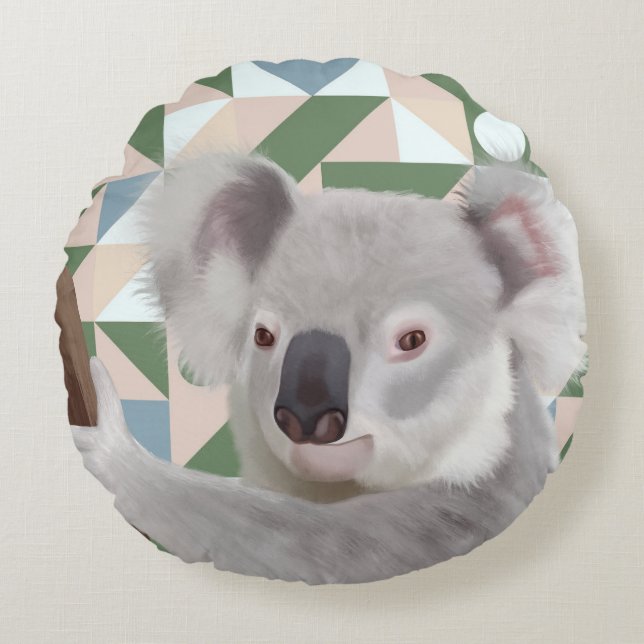 Fluffy Koala Green Geometric Background Round Cushion (Front)