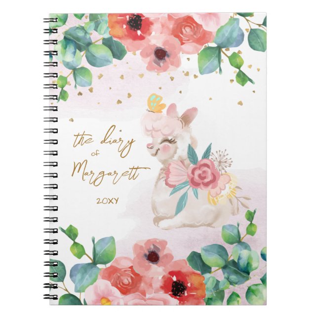 Fluffy Llama Illustration Flowers Girl Daily Diary Notebook (Front)