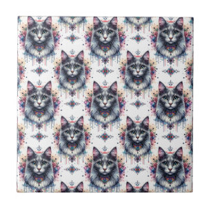 Fluffy Long Hair Grey and White Tuxedo Cat Ceramic Tile