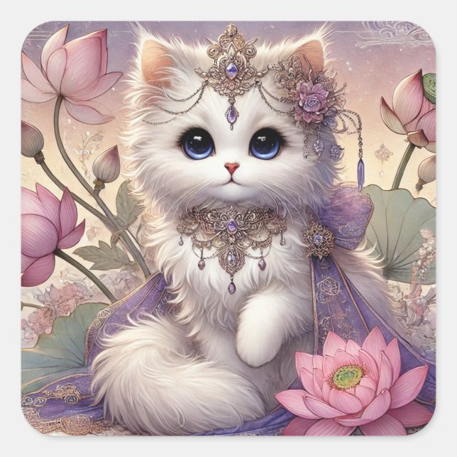 Fluffy Lotus Princess Cat Square Sticker (Front)