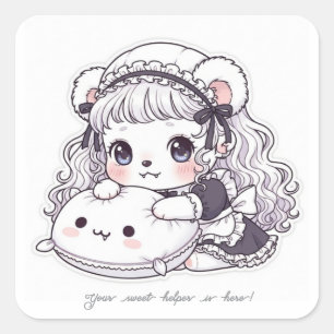 Fluffy Maid Bear - Cute Long Hair & Sweet Outfit Square Sticker