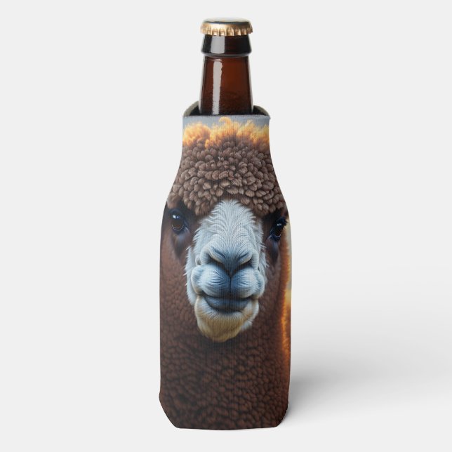 "Fluffy Majesty: The Big Woolly Brown Alpaca" Bottle Cooler (Bottle Front)