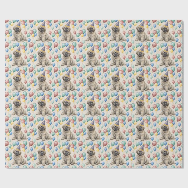 Fluffy Mastiff Puppy Birthday Party Balloons Wrapping Paper (Flat)