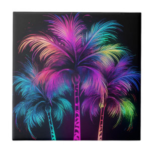 Fluffy Neon Palm Trees Ceramic Tile