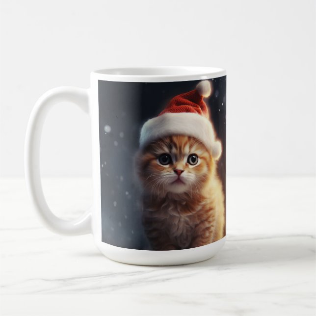 FLUFFY ORANGE KITTEN WITH CUTE SANTA HAT COFFEE MUG (Left)