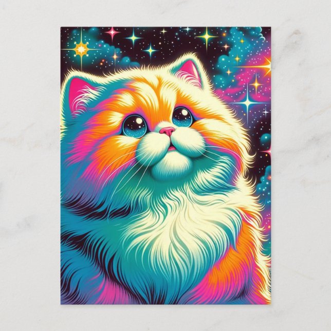 Fluffy Orange Pink Cat in Space Postcard (Front)