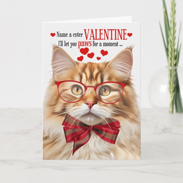 Fluffy Orange Tabby Cat Humour Valentine's Day Holiday Card (Front)