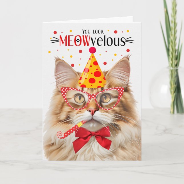 Fluffy Orange Tabby Cat MEOWvelous Birthday Card (Front)