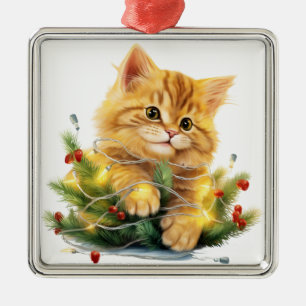 FLUFFY ORANGE TABBY KITTEN CHRISTMAS LIGHTS METAL ORNAMENT