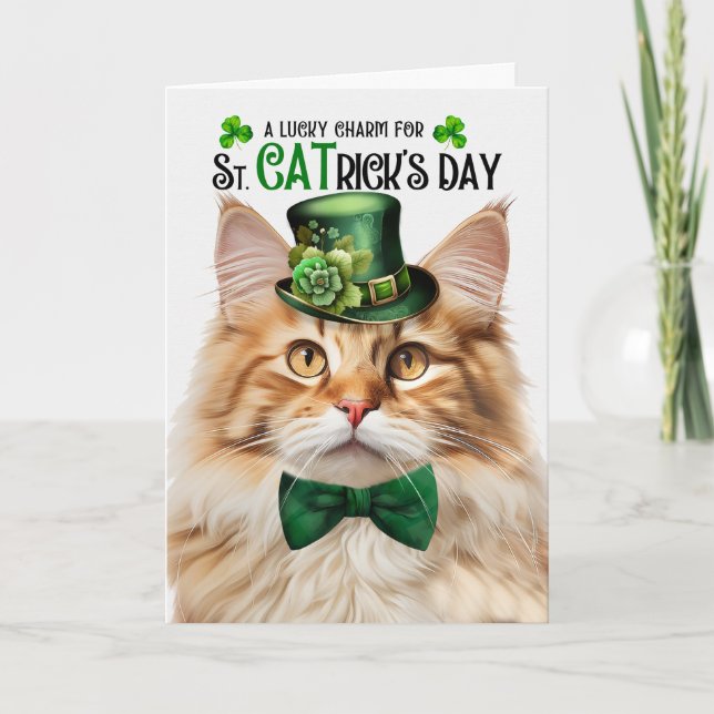 Fluffy Orange Tabby Lucky Charm St CATrick's Day Holiday Card (Front)