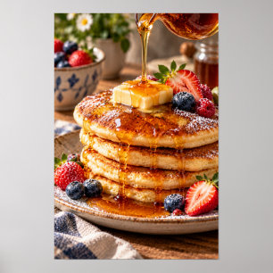 Fluffy Pancakes with Fresh Berries and Golden Syru Poster