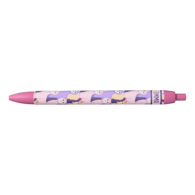Fluffy pastel-coloured alpacas pattern black ink pen (Front)