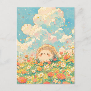 Fluffy Peach Cloud Kawaii Hedgehog Meadow Postcard