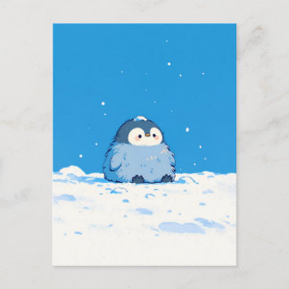 Fluffy Penguin Chick in Snowy Winter Landscape Postcard
