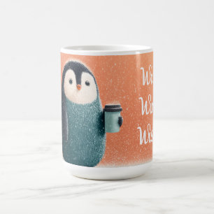 Fluffy Penguin Holding Coffee Cup in a Snowstorm