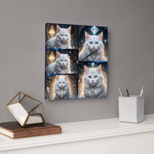 Fluffy Persian Cat Photo Collage, Square Wall Clock