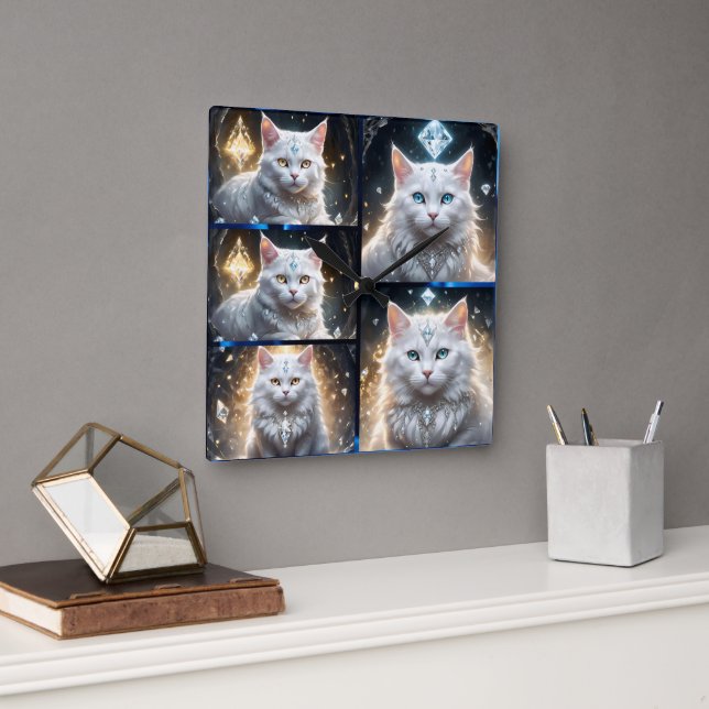 Fluffy Persian Cat Photo Collage, Square Wall Clock (Office)