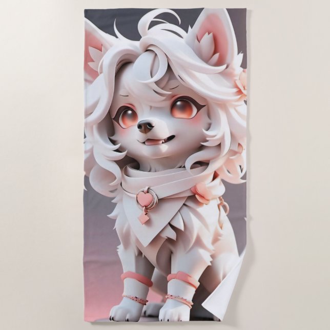 Fluffy Pink And White Puppy Beach Towel (Front)