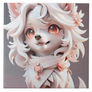 Fluffy Pink And White Puppy Ceramic Tile