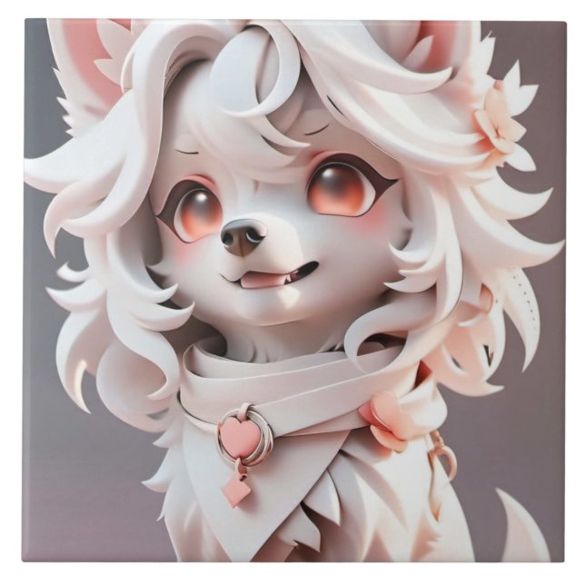 Fluffy Pink And White Puppy Ceramic Tile (Front)