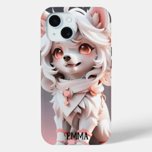 Fluffy Pink And White Puppy Kids Custom Name iPhone 15 Case