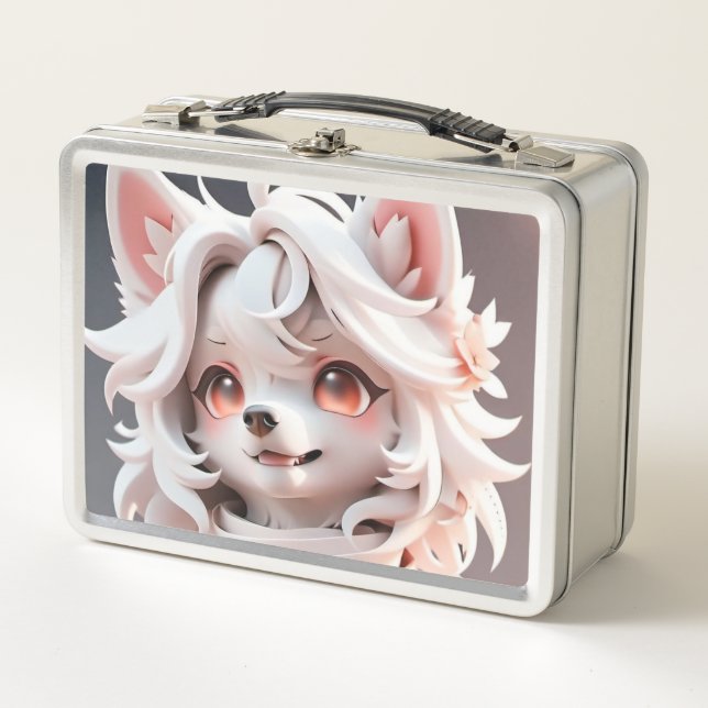 Fluffy Pink And White Puppy Metal Lunch Box (Front)
