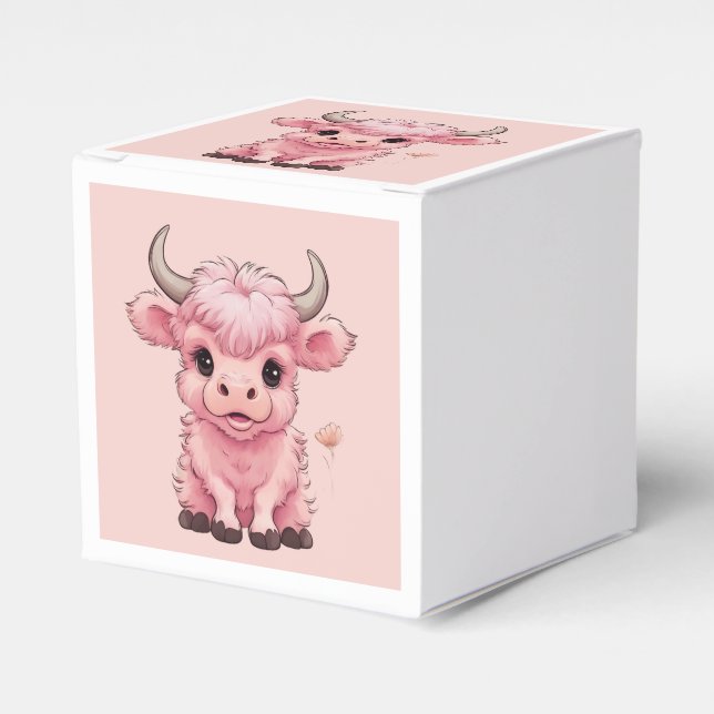 Fluffy Pink Highlands Scottish Cow Favour Box (Front Side)