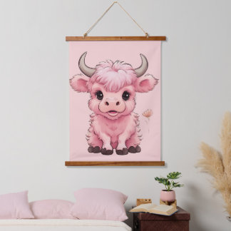Fluffy Pink Highlands Scottish Cow Hanging Tapestry
